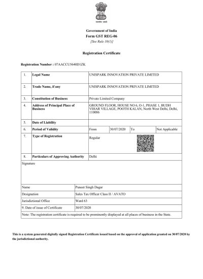 GST Certificate - UniSpark Innovation